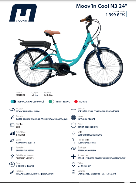 Vélo de Ville Électrique Moovin Cool N3 24" Bleu