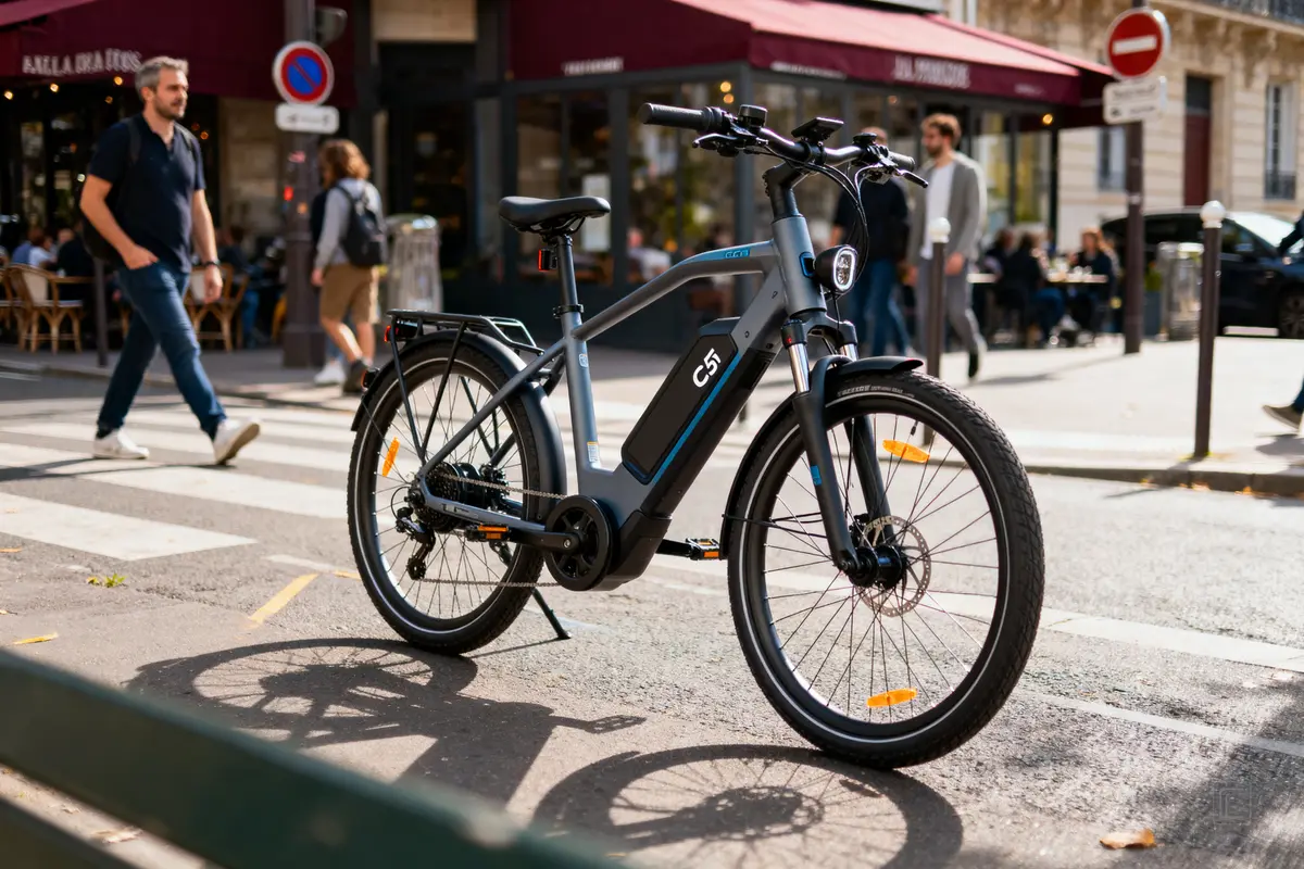 Vélo électrique stationné sur passage piéton, piétons en arrière-plan, café avec terrasse en ville.
