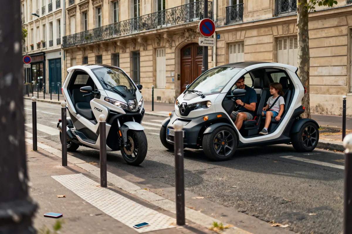 Deux véhicules électriques compacts stationnés sur une rue parisienne, avec des bâtiments en arrière-plan.
