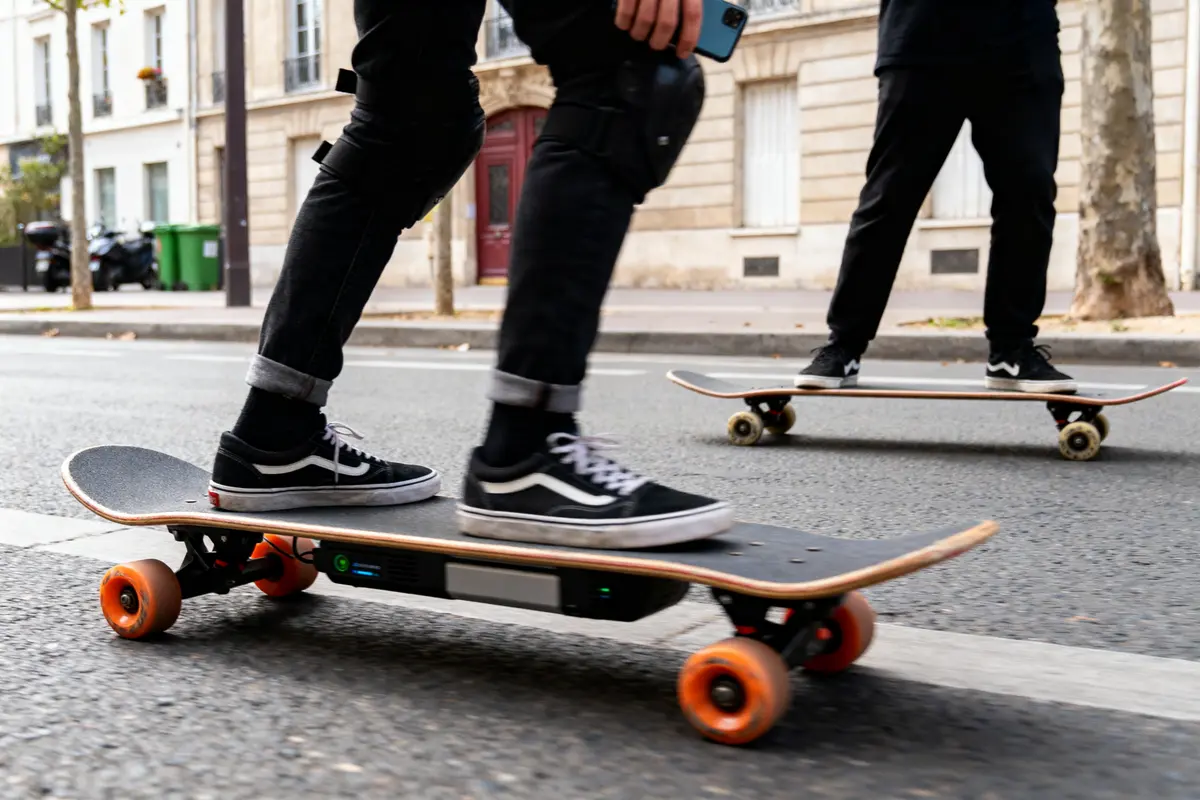 Deux personnes sur skateboards électriques, portant des vêtements noirs et des chaussures de skate, rue bordée d'immeubles.