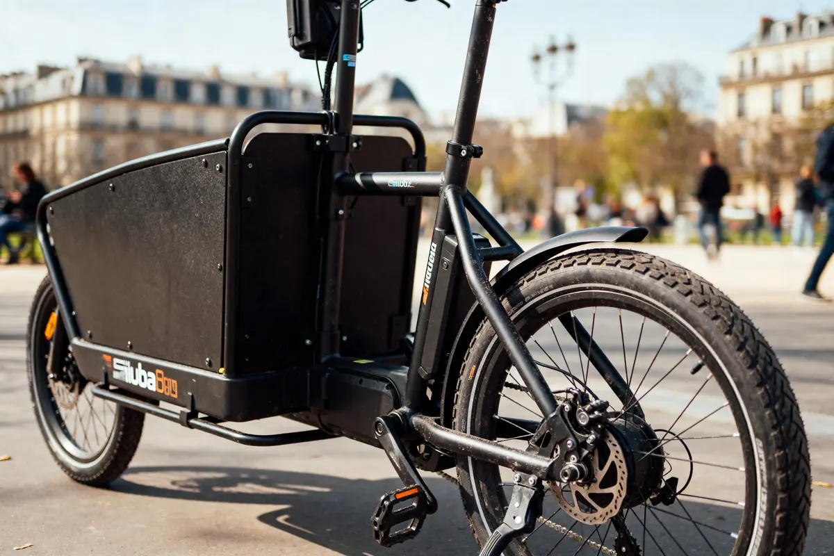 Vélo cargo noir avec grande caisse, en ville, bâtiments flous en arrière-plan, personnes flânant.