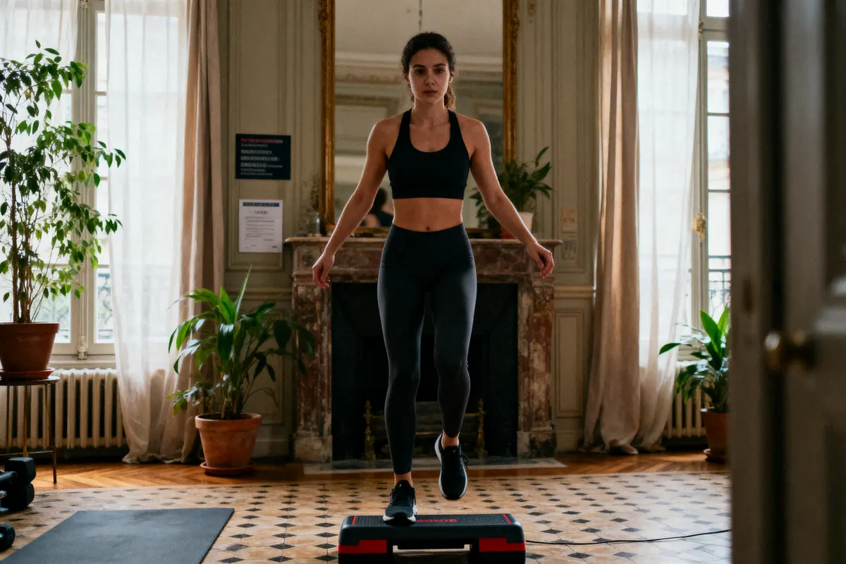 Femme en tenue de sport fait du step dans une pièce élégante avec plantes, grande fenêtre et miroir.