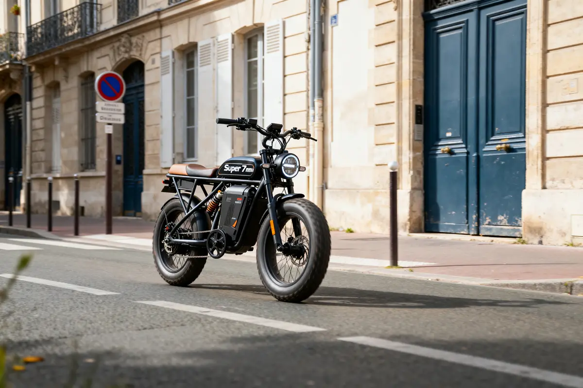 Moto électrique noire garée dans une rue pavée, devant un bâtiment classique avec porte bleue.