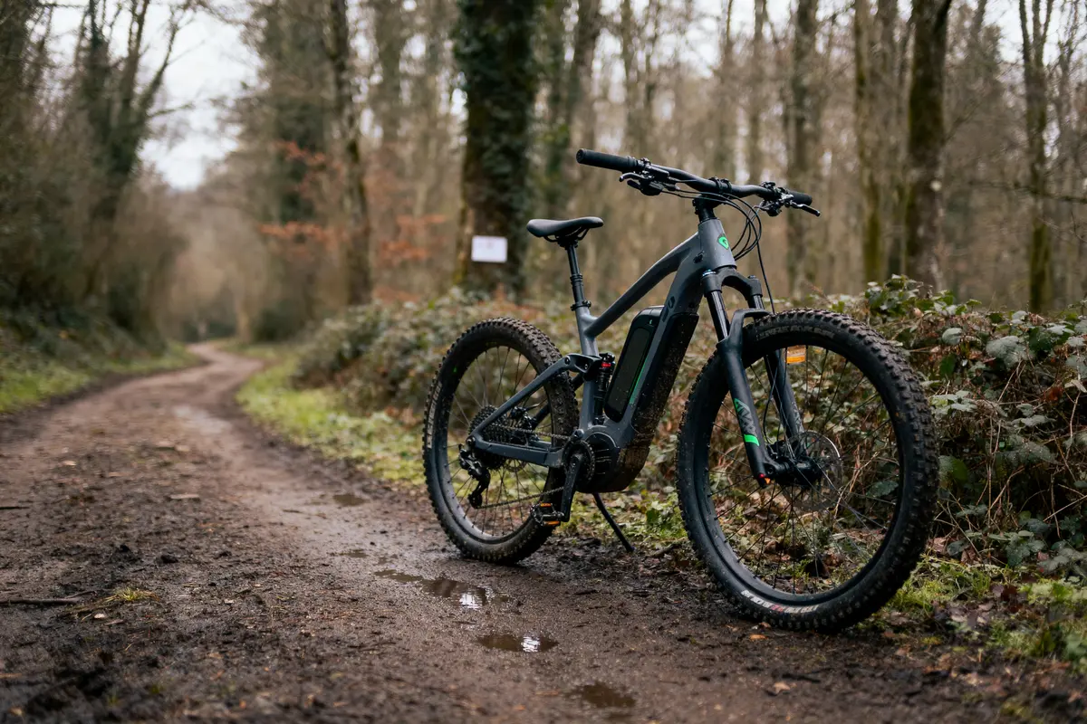 Vélo électrique sur chemin boueux en forêt, entouré d'arbres et de végétation.
